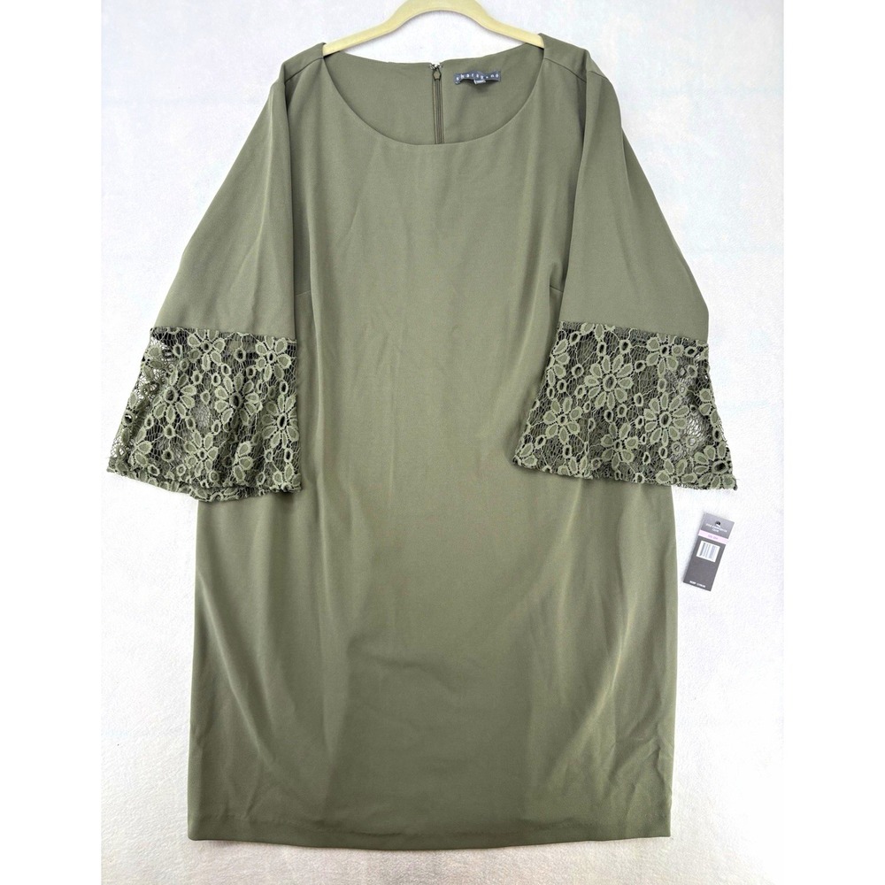 Sharagano Olive Lace Shift Dress Scoop Neck Bell Sleeve Knee Length Zip 22W